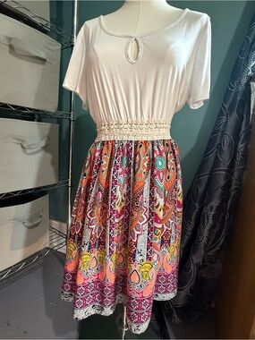 Destiny 101 Boho Paisley Dress Crochet Lace Waist- Fits Size Large (tagged 2X)